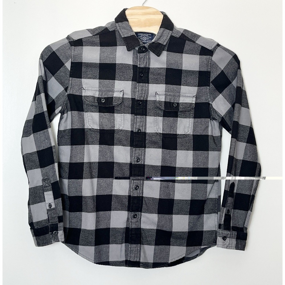 Vintage American Eagle‎ Flannel Shirt Men's Medium Gray Buffalo Plaid Outdoor